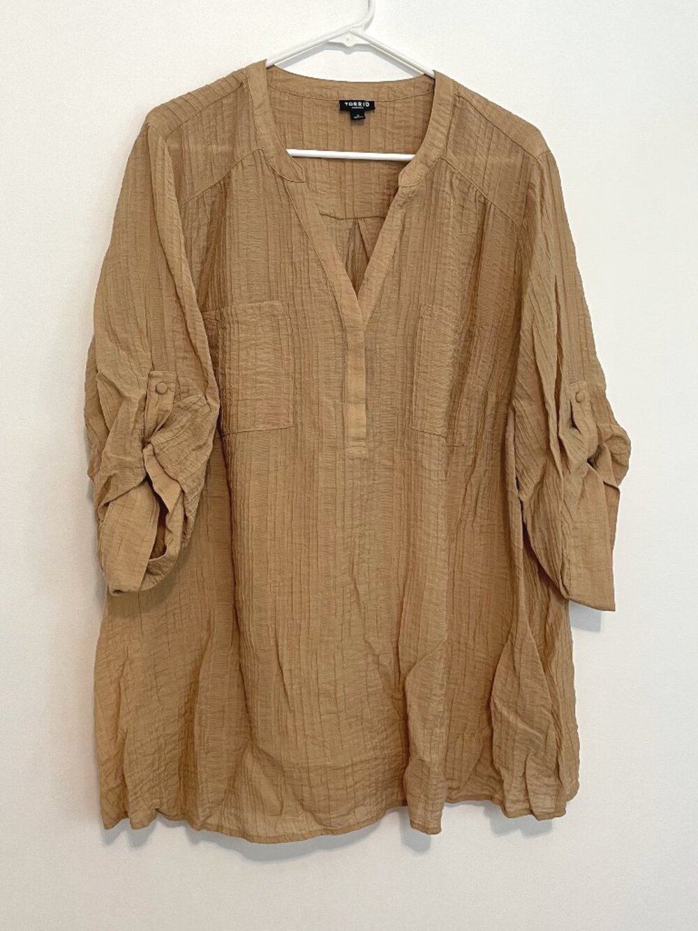 TORRID 3 Plus Size Harper Textured Stripe 3/4 Pullover Blouse Tan Brown Work 3X - Picture 2 of 16